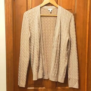 Talbots gold thread cable knit sweater preppy cardigan business casual med